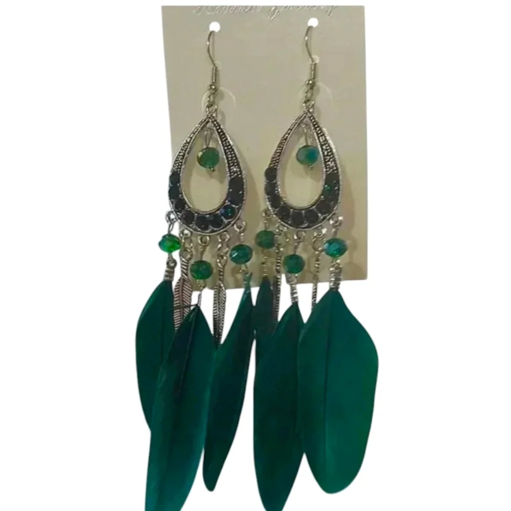 NWT Teal Feather Drop Earrings NIP